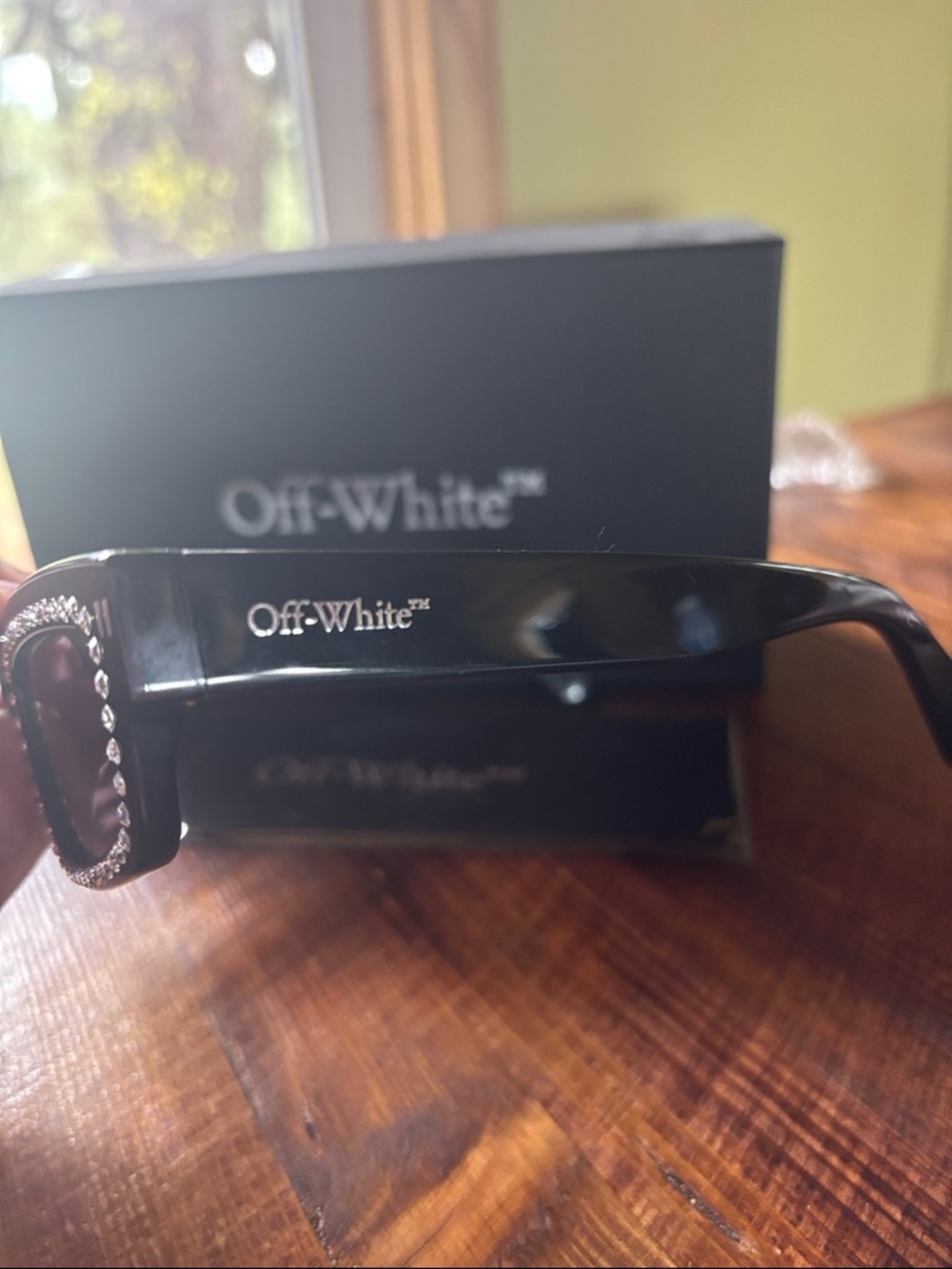 Off-White Black Rectangle Sunglasses with Crystal Trim - Picture 3 of 4